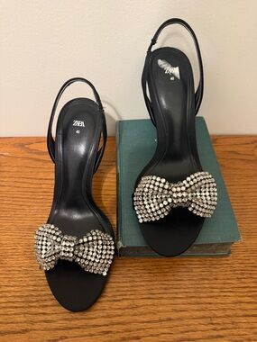 Zara Black Slingback Heels with Crystal Bow